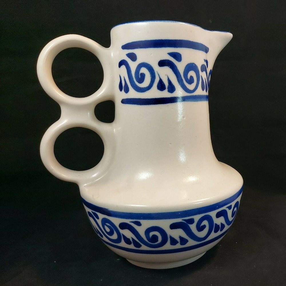 Rare Salt Glaze Stoneware 8" tall Pitcher w/ Double Ring Handles Cobalt Blue des